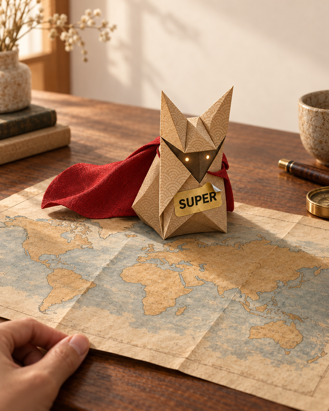 Sei wearing a red cape and a SUPER sticker on a world map