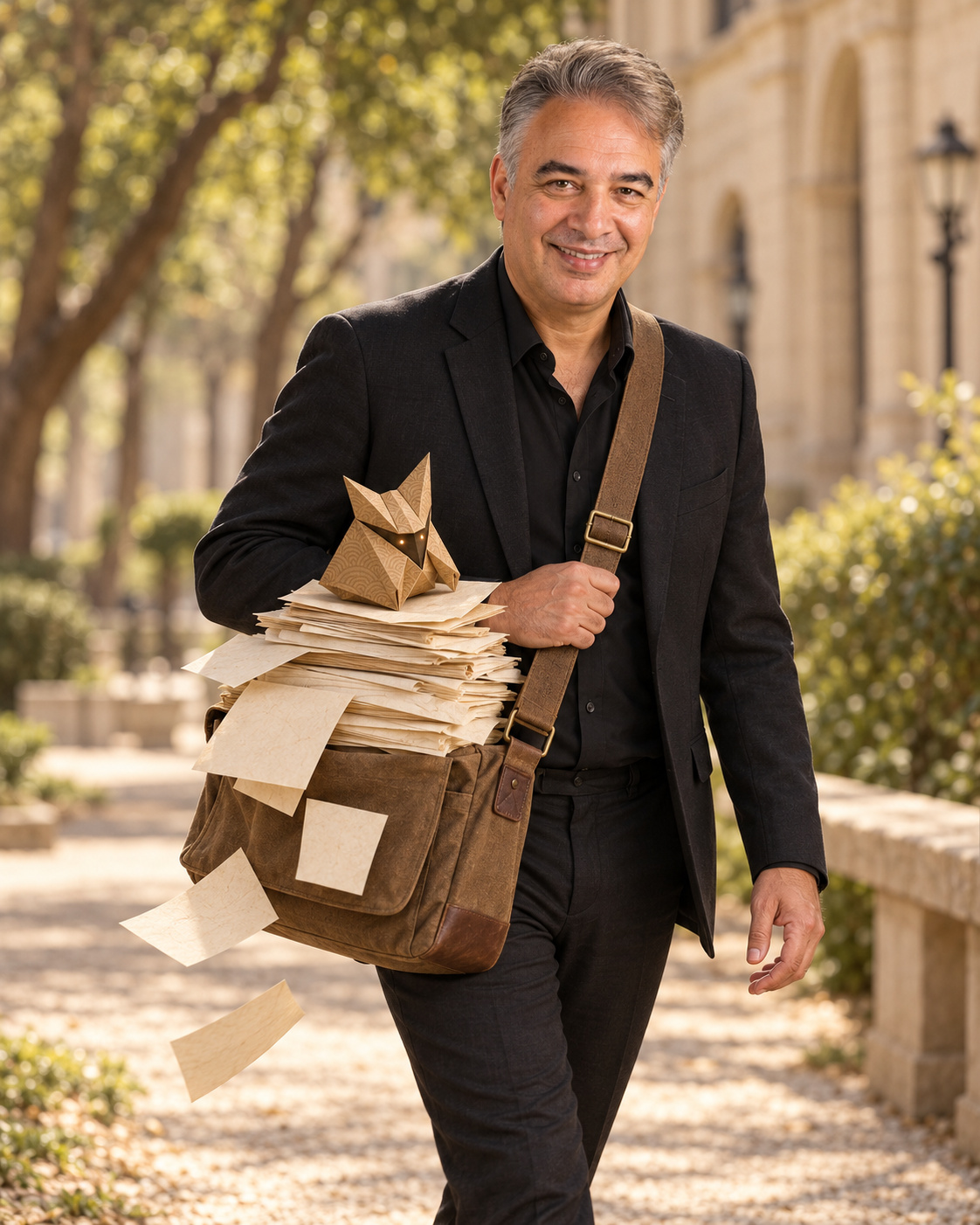 Raoul carrying documents in a messenger bag with Sei on top