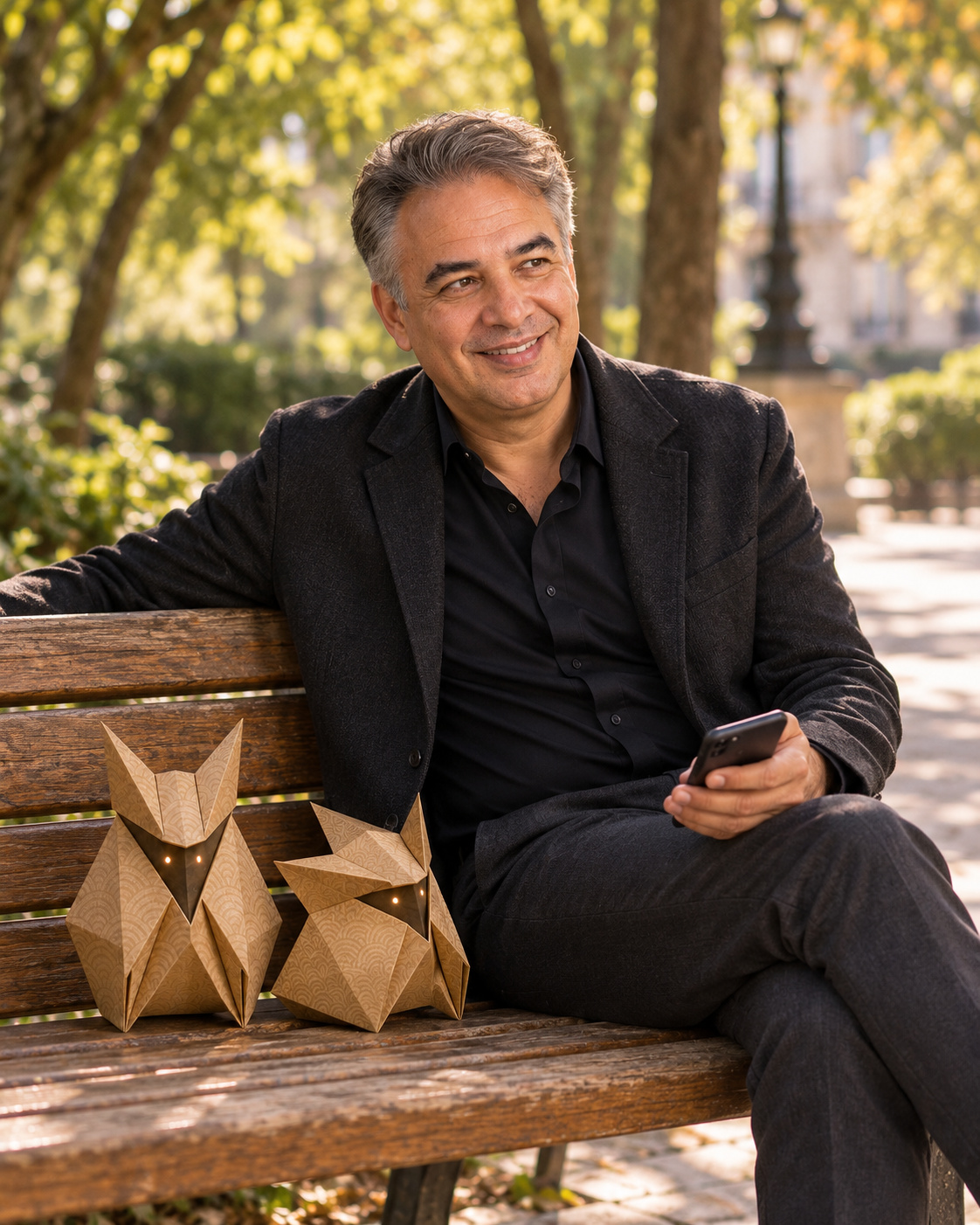 Raoul and two origami Seis on a park bench