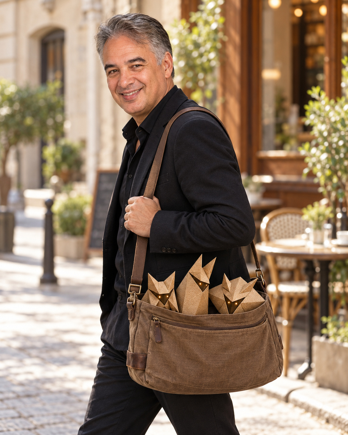 AI-generated illustration of Raoul with three origami Seis in his shoulder bag