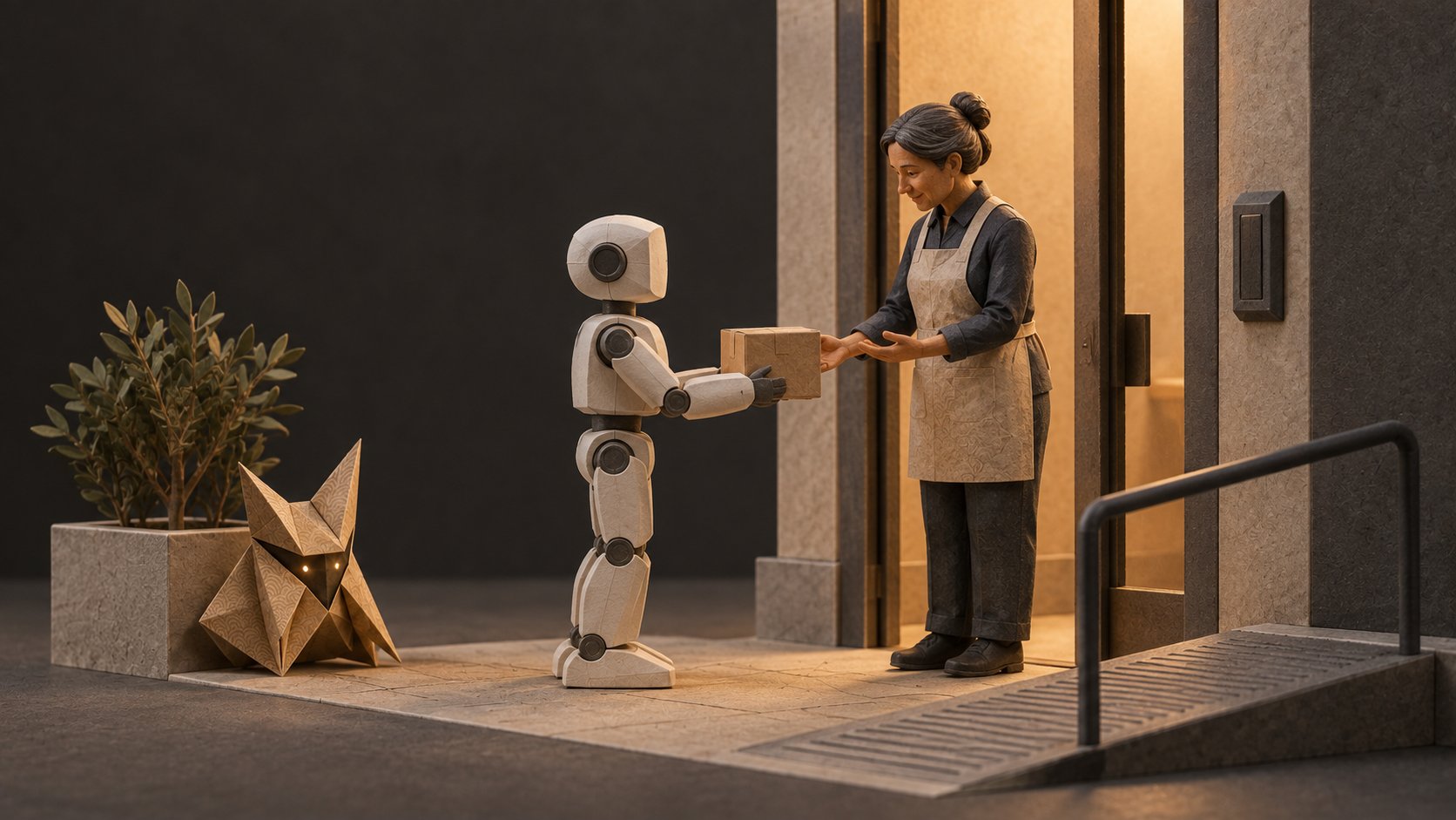 Sei observes a humanoid handing a parcel to a worker at an accessible entrance