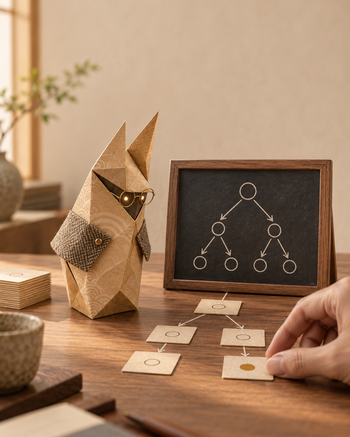 Sei as a teacher beside a decision-tree diagram