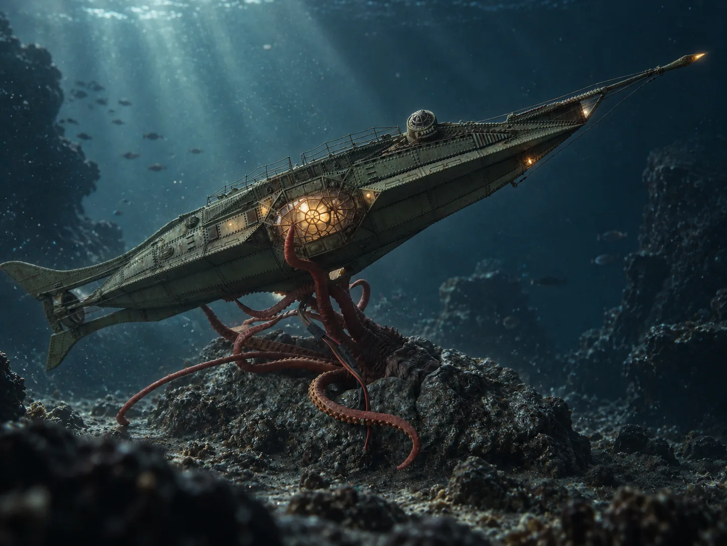 Second AI-generated interpretation of my Nautilus and the giant squid model