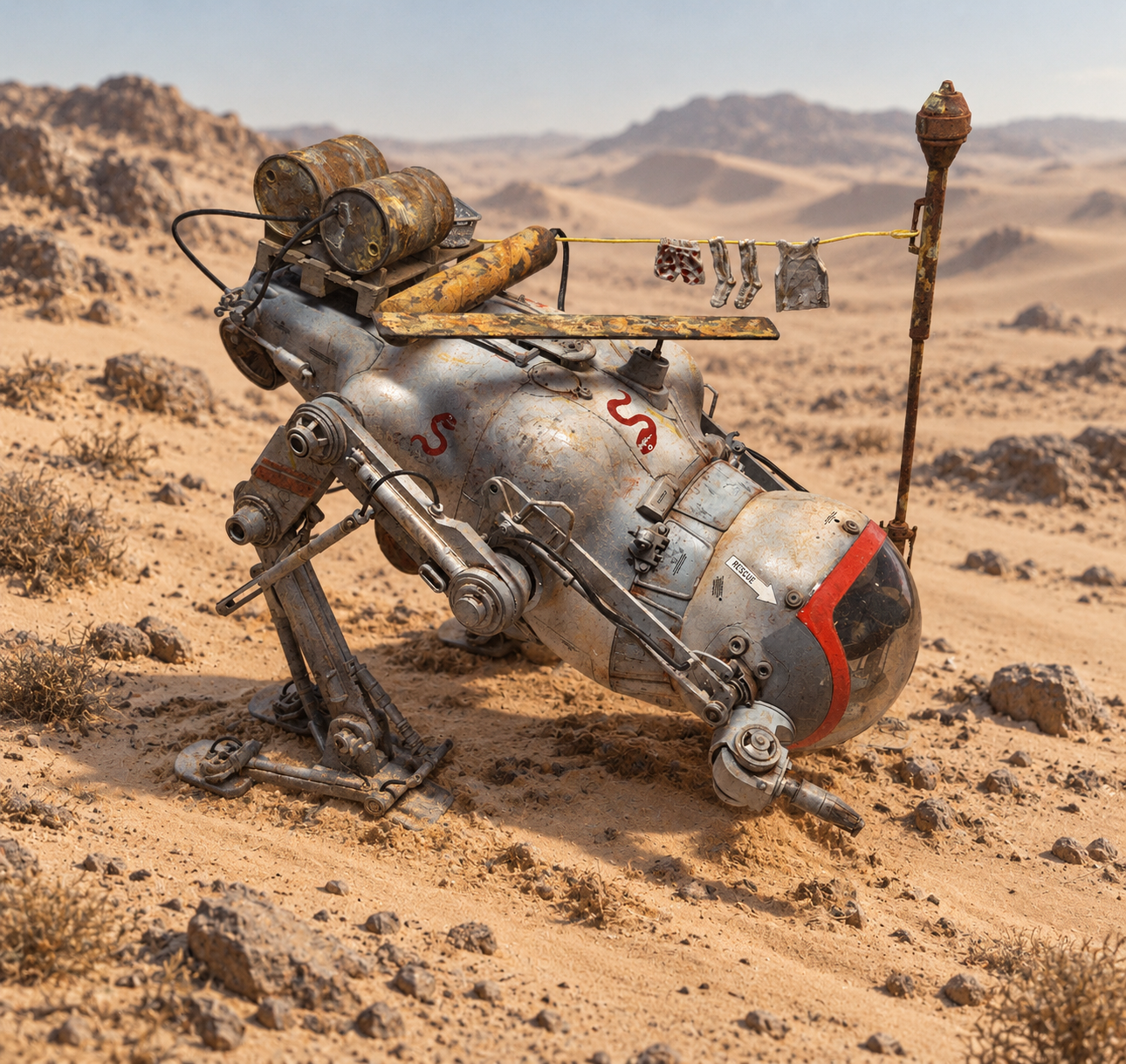 AI-generated desert interpretation of Raoul’s LUM-168 Camel model, with a washing line