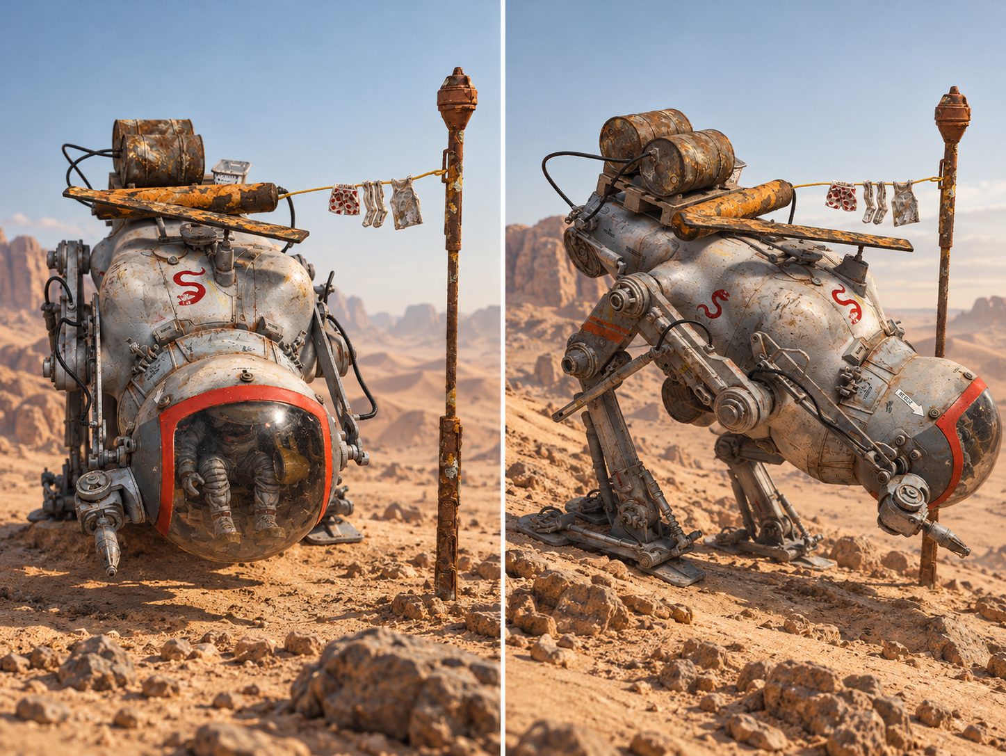 Two AI-generated desert views of the Camel model, from the front and side