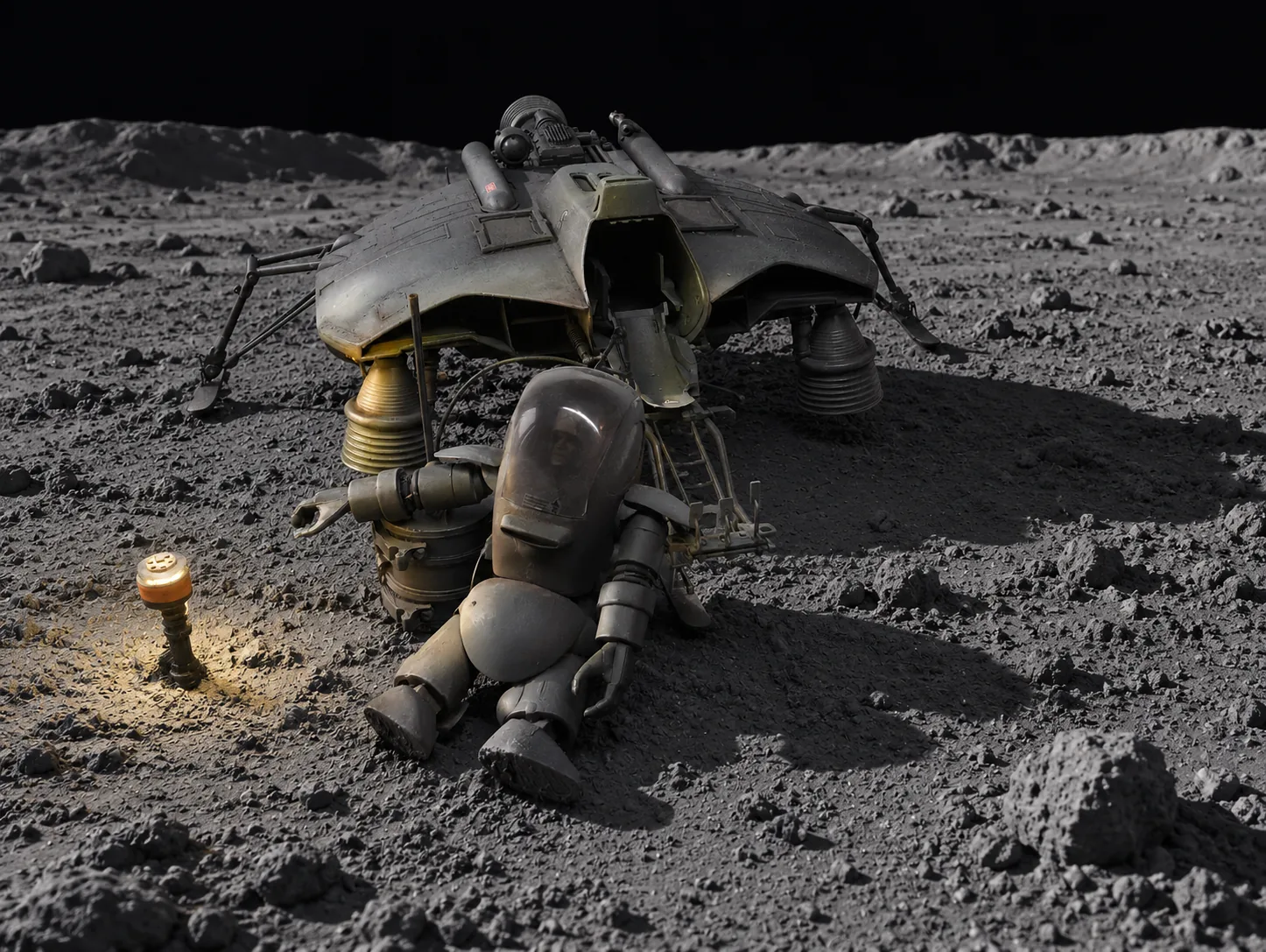 AI-generated frontal lunar view of the Hornisse and seated pilot, with warm emergency torchlight