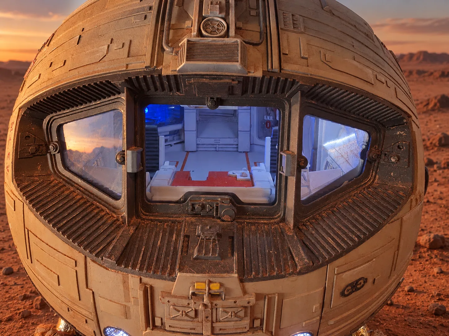 AI-generated Martian surroundings reflected in the windows of my illuminated Mars Hopper cockpit