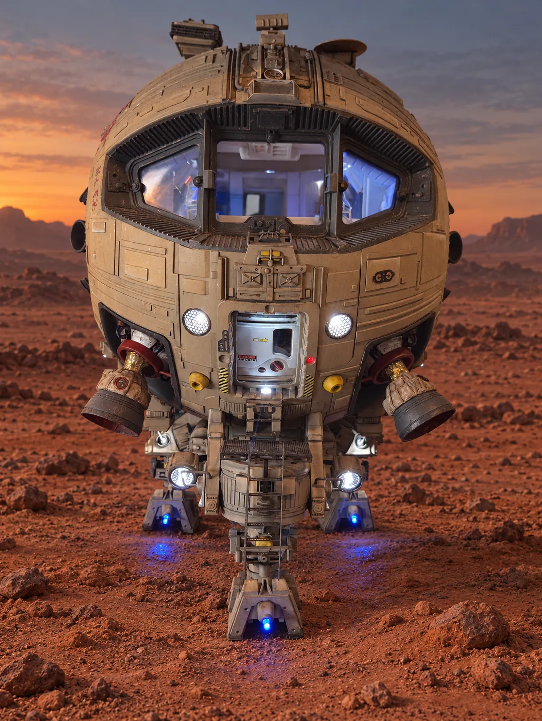 AI-generated full frontal view of my Mars Hopper on Martian terrain with its lights switched on