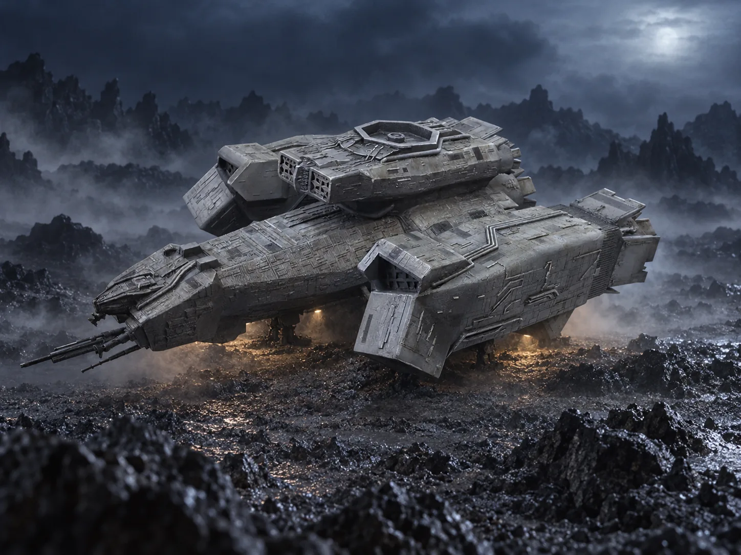 AI-generated LV-426 scene preserving the oblique view of my Nostromo model