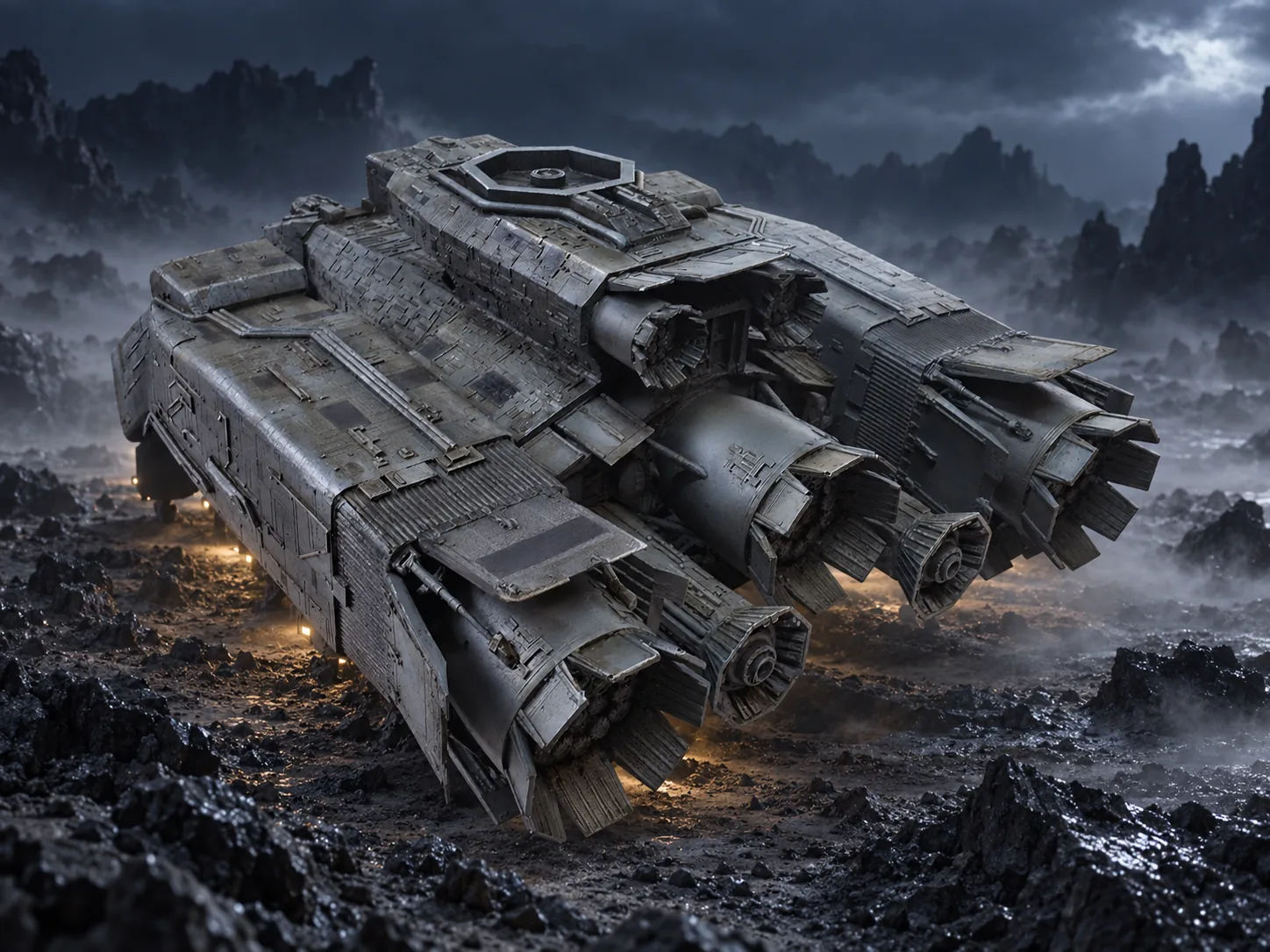 AI-generated rocky LV-426 landscape around the rear view of my Nostromo model