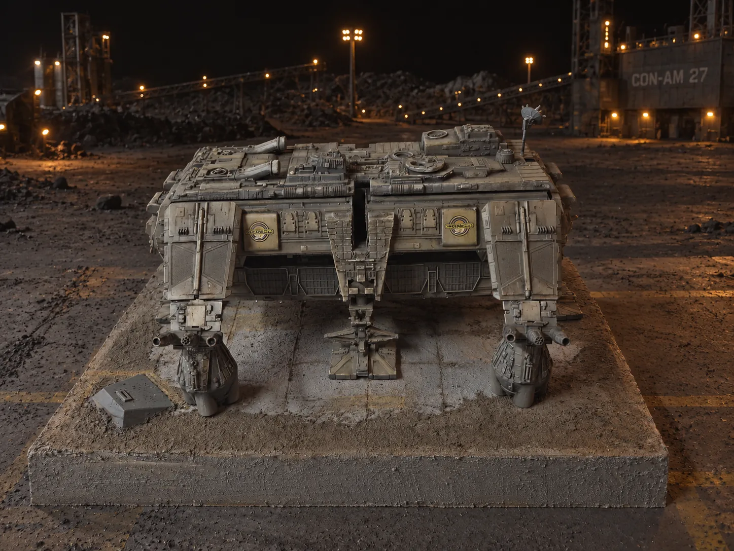 AI-generated frontal view of my Con-Am shuttle model on its pad at the mining colony